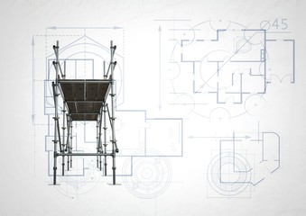 Poster - front of 3D scaffolding with white and blueprint background