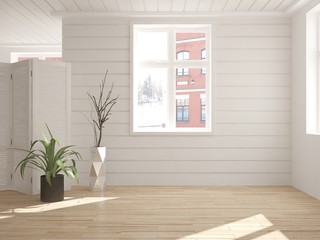 White empty room with winter landscape in window. Scandinavian interior design. 3D illustration