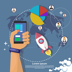 Poster - hand hold cell smart phone modern gadget flat vector illustration