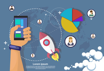 Poster - hand hold cell smart phone modern gadget flat vector illustration