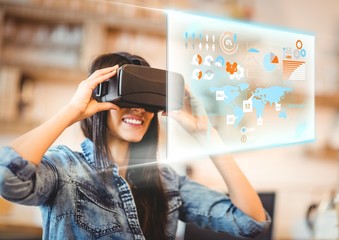 Poster - Woman wearing VR Virtual Reality Headset with Interface
