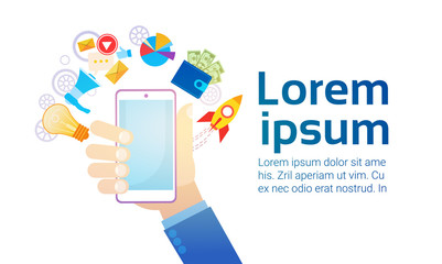 Poster - hand hold cell smart phone modern gadget flat vector illustration