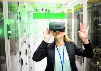 Poster - Woman wearing VR Virtual Reality Headset with Interface