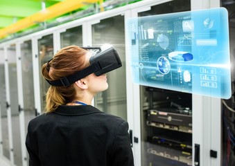 Poster - Woman wearing VR Virtual Reality Headset with Interface