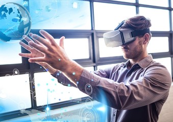 Poster - Man wearing VR Virtual Reality Headset with Interface
