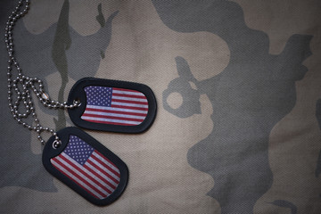 Wall Mural - army blank, dog tag with flag of united states of america on the khaki texture background. military concept