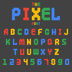 Wall Mural - Pixel retro font video computer game design 8 bit letters numbers electronic futuristic style vector abc typeface digital creative alphabet isolated