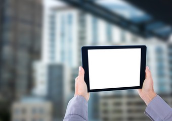 Poster - hands with tablet in the bus station