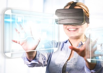 Poster - Woman wearing VR Virtual Reality Headset with Interface