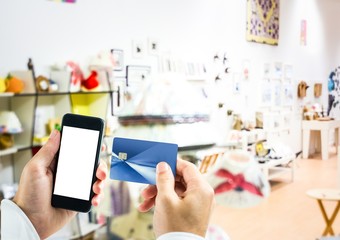 Poster - hands with phone and card to pay something in the store