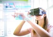 © vectorfusionart - Woman wearing VR Virtual Reality Headset with Interface