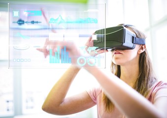 Poster - Woman wearing VR Virtual Reality Headset with Interface