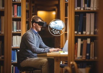 Poster - Man wearing VR Virtual Reality Headset with Interface and laptop