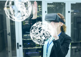 Poster - Woman wearing VR Virtual Reality Headset with Interface