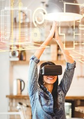 Poster - Woman wearing VR Virtual Reality Headset with Interface