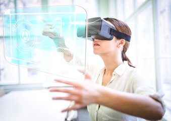 Poster - Woman wearing VR Virtual Reality Headset with Interface