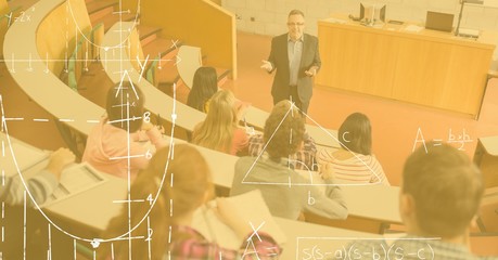 Poster - Professor teaching students with diagrams in foreground