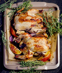 Roasted two chicken with oranges and herbs on dark wooden background.