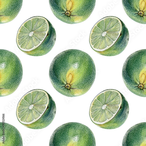 Nowoczesny obraz na płótnie Seamless pattern with green limes drawn by hand with colored pencil. Healthy vegan food. Fresh tasty fruits painted from nature