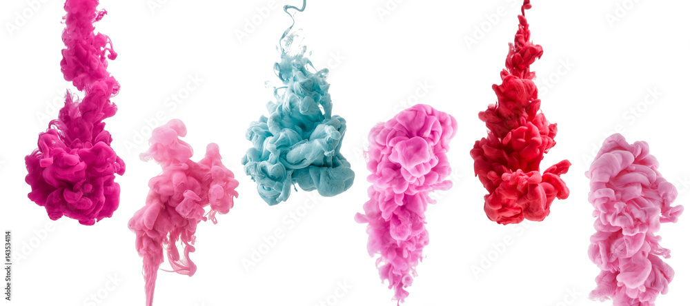 set of colorful ink isolated on white background. red, pink, blue drop swirling under water. Cloud of ink in water.  - obrazy, fototapety, plakaty 