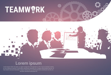 Poster - silhouette business people team with flip chart seminar training conference brainstorming presentati