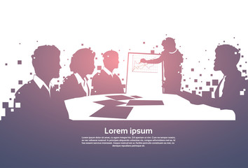 Poster - Silhouette Business People Team With Flip Chart Seminar Training Conference Brainstorming Presentation Financial Graph Flat Vector Illustration