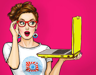 girl with laptop in the hand in comic style. woman with notebook.girl in glasses. hipster girl. digi