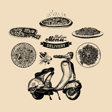 Vector Pizza Delivery Scooter.Hand Sketched Retro Motorroller With Italian Food Illustration.Advertising Poster, Banner.