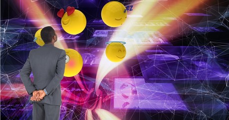 Poster - Businessman looking at emojis on futuristic screen