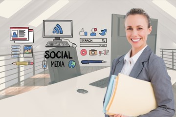 Poster - Happy businesswoman by social media icons in office