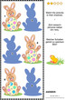 Easter themed visual puzzle with cute little bunny and painted egg: Match the pictures to their shadows. Answer included.
