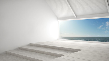 Big panoramic window with sea ocean background, summer scene, empty room interior design