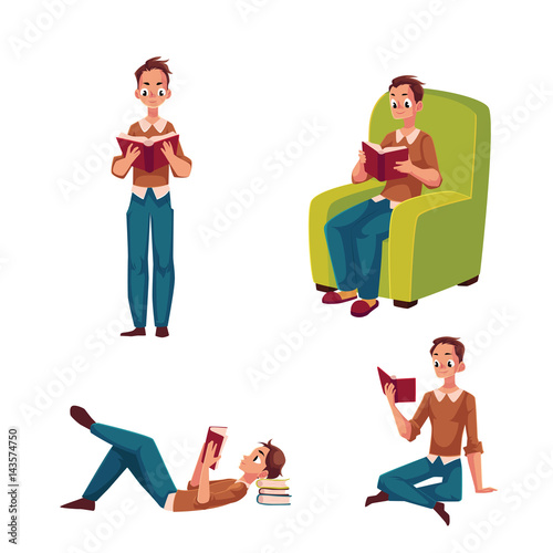 Young Man Boy Reading In Different Positions Standing Sitting