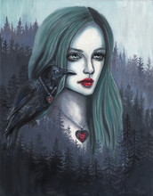 Beautiful Girl With A Crow On Her Shoulder. A Bird Girl. Girl In The Forest, Gothic Illustration