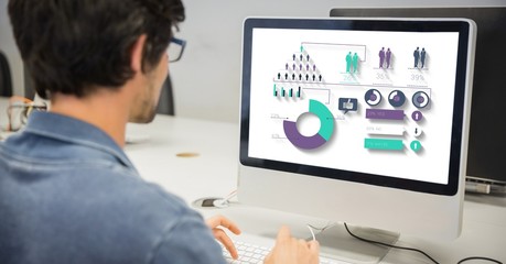 Poster - Rear view of businessman analyzing plan on computer