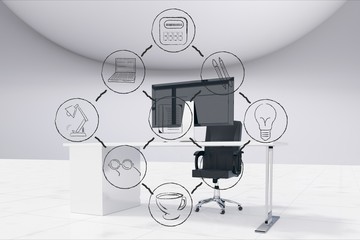 Poster - Digital composite image of various icons and computer in office