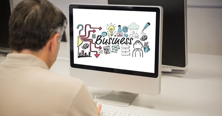 Poster - Rear view of businessman analyzing plan on desktop computer