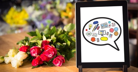 Poster - Various icons on digital tablet by flowers on table
