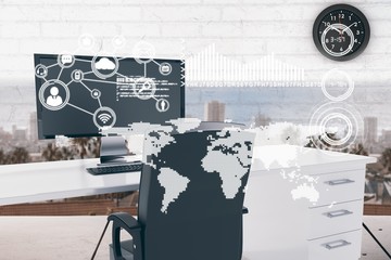 Poster - World map with connection icons in office cabin