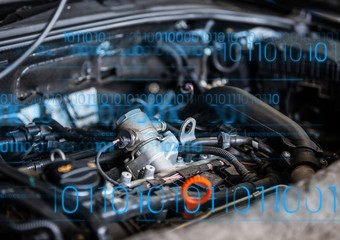 Poster - Car engine with blue binary code