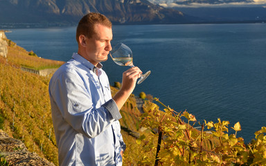 Wall Mural - Man holding a glass of wine. Lavaux, Switzerland