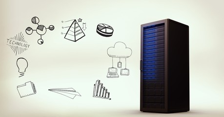 Poster - Blue server with black business doodles against cream background