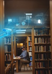 Poster - Man in library wearing VR Virtual Reality Headset with Interface