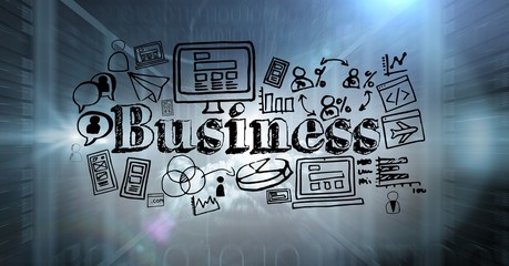 Poster - Servers and binary code with black business doodles and flares