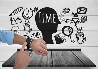 Poster - Arms with smart watch and Time text with drawings graphics