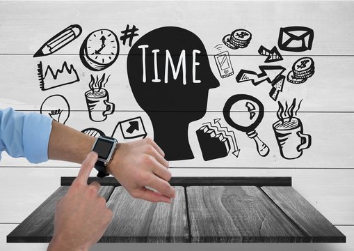 Arms with smart watch and Time text with drawings graphics