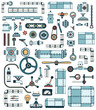 Machinery elements. Spare parts for creation of technically complex devices, apparatuses. Colored Vector illustration.