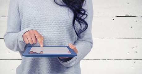 Sticker - Woman mid section with tablet against white wood panel