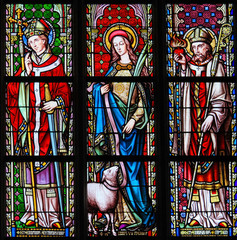 Wall Mural - Stained Glass in Sablon Church - Saints Eugene, Agnes and Augustine