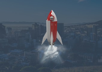 Poster - 3D Rocket flying over city